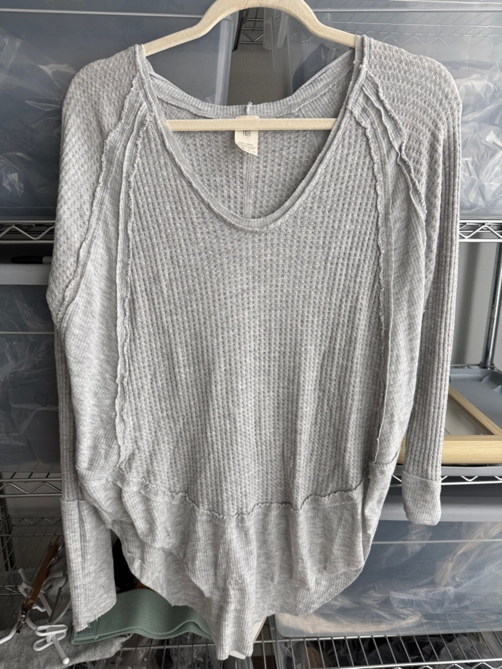 We The Free Light Gray Waffle Knit V-Neck Pullover